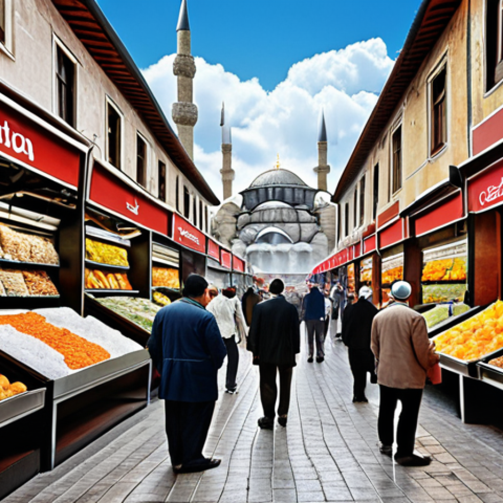 **

"A bustling Istanbul marketplace, modernized with subtle cloud computing interfaces overlaid. Vendors using tablets to manage inventory, data streams visualized in the air, reflecting the integration of cloud services into everyday Turkish business. Warm, vibrant colors. Illustrate the impact of digitalization to daily trade."

**